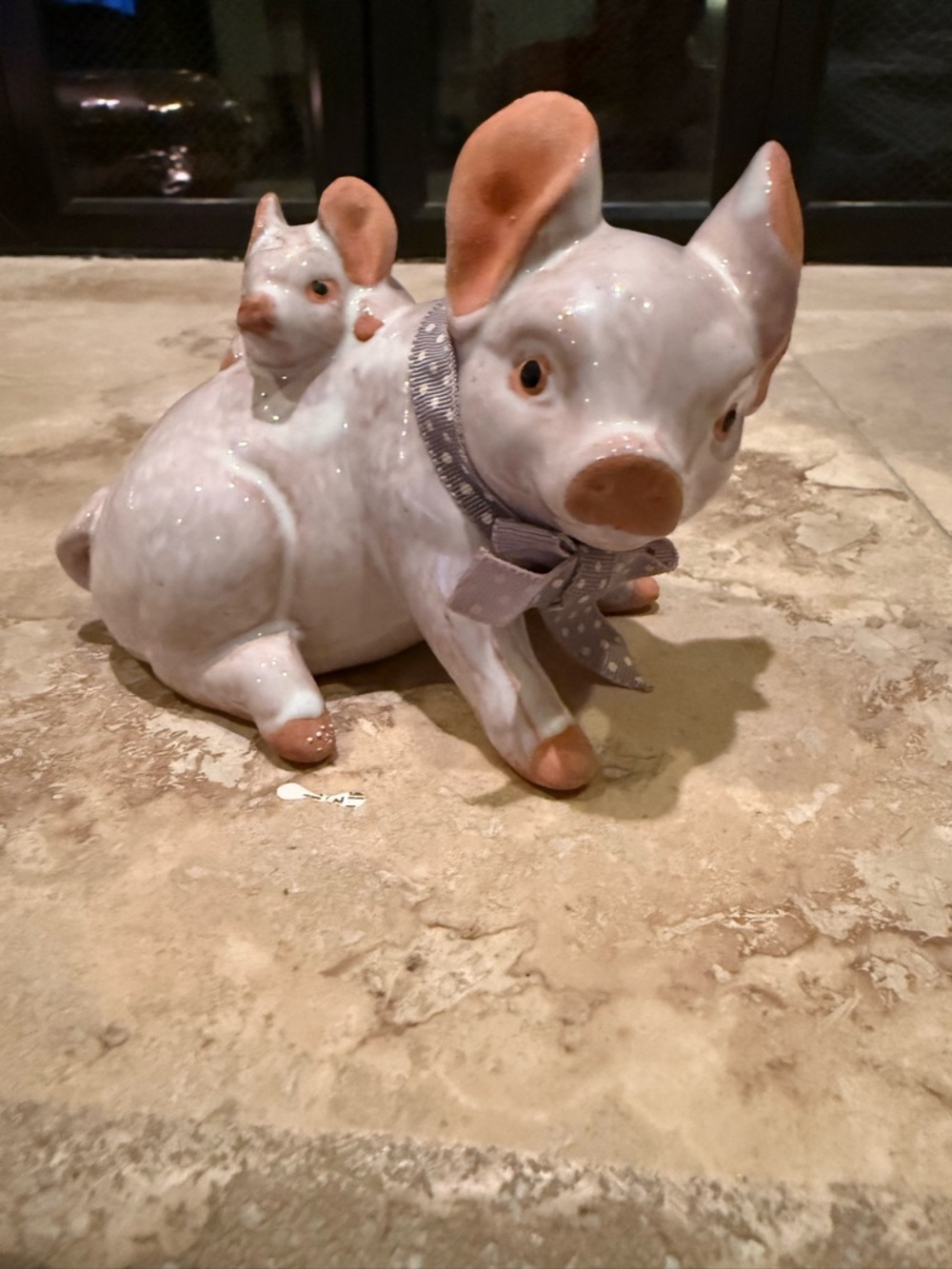 1987 Mama Pig With Baby Piglet on Her Back Terra Cotta White Glaze Figurine.
